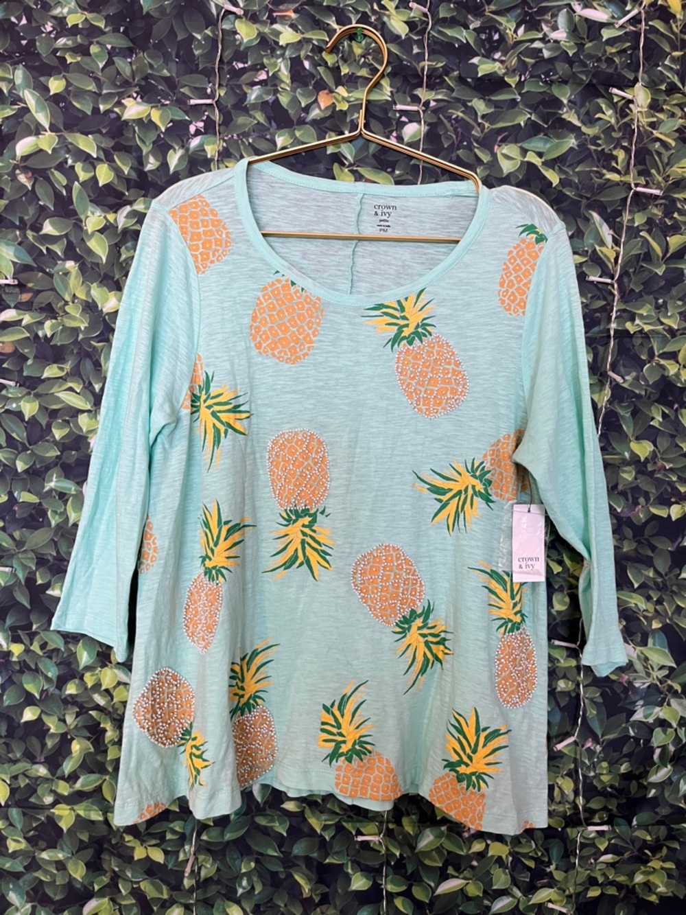 Crown & Ivy Mint Pineapple Print Scoop Neck Top 3/4 Sleeve